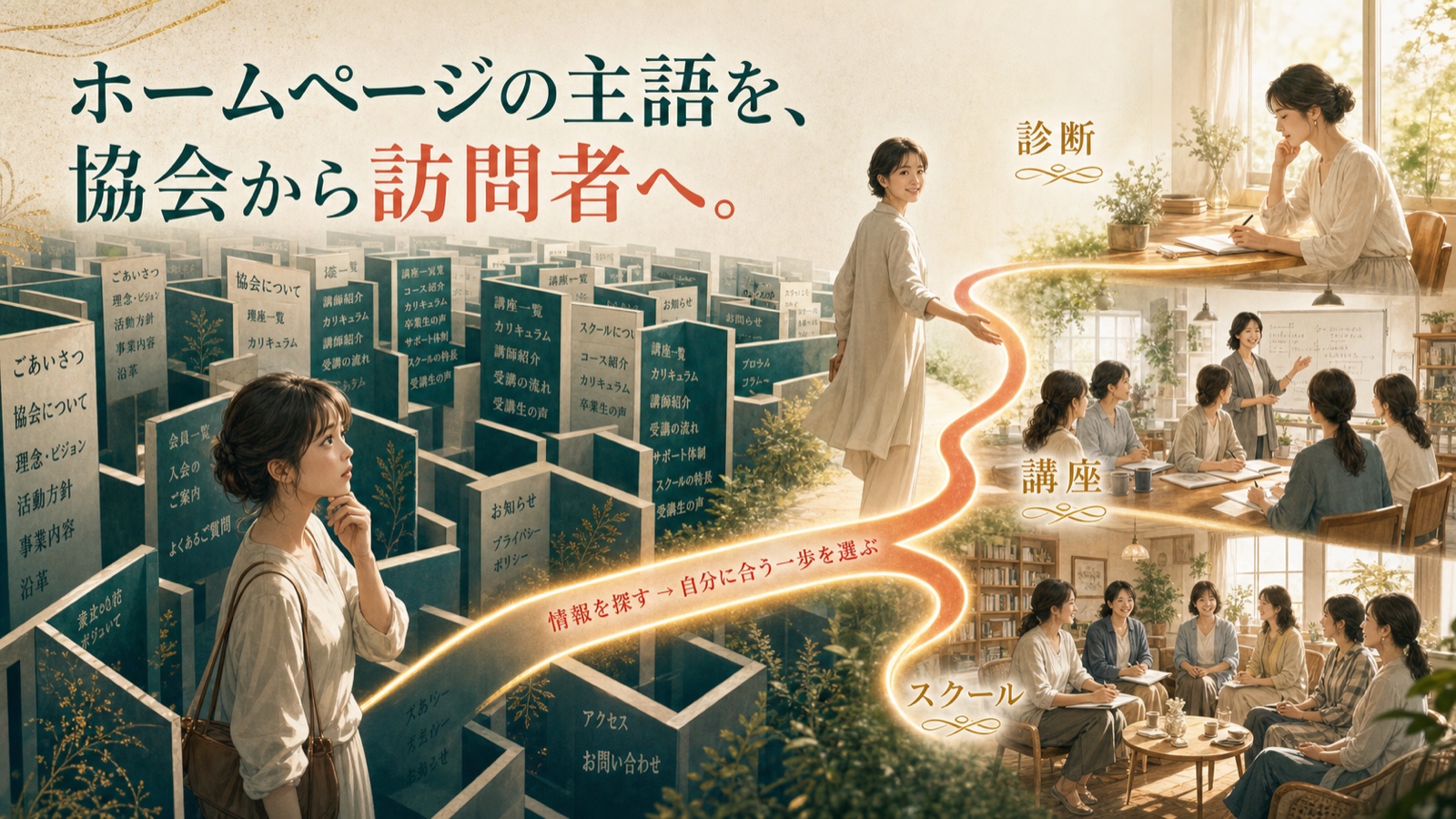 情報の迷路から、診断、講座、スクールという自分に合う一歩を選べる道へ変わる物語図