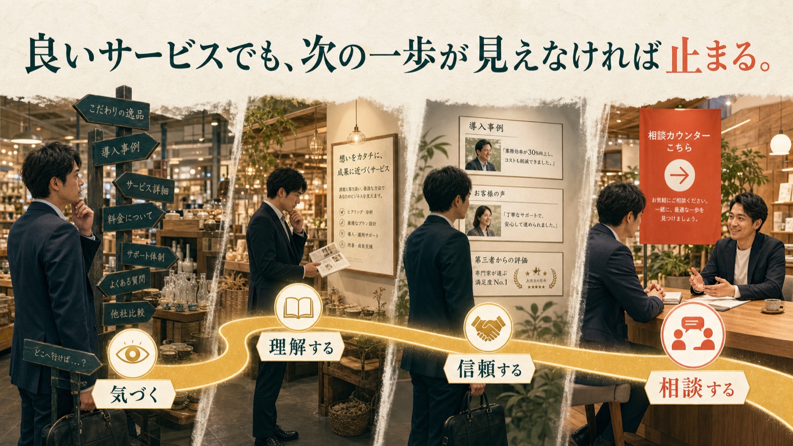 良いサービスを見つけた企業担当者が、気づく、理解する、信頼する、相談するの順に進む物語図