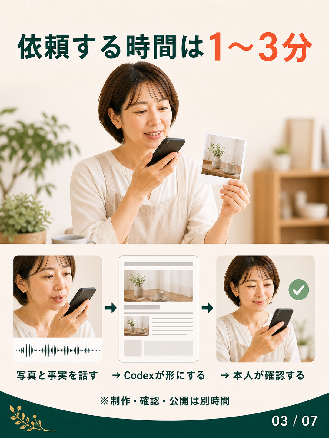 写真と事実を1〜3分で依頼し、Codexが形にして本人が確認する流れ