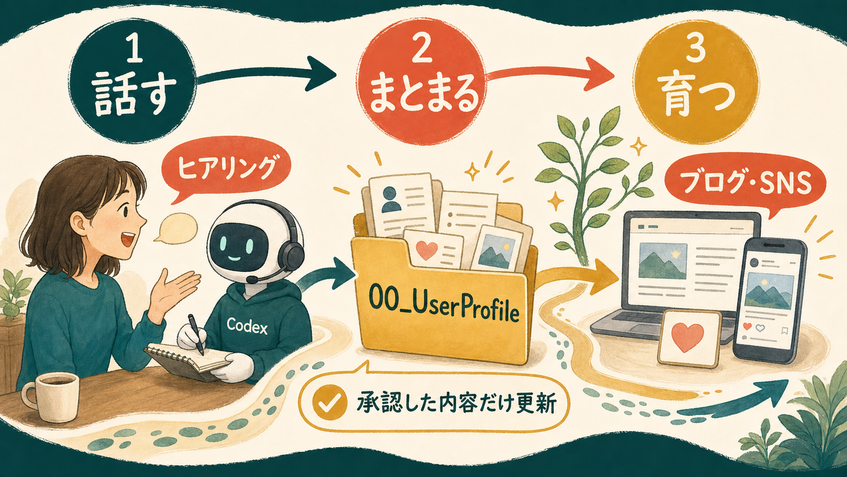 話す、まとまる、育つの3段階で、ヒアリングから00_UserProfile、ブログ・SNSへつなぐ流れ