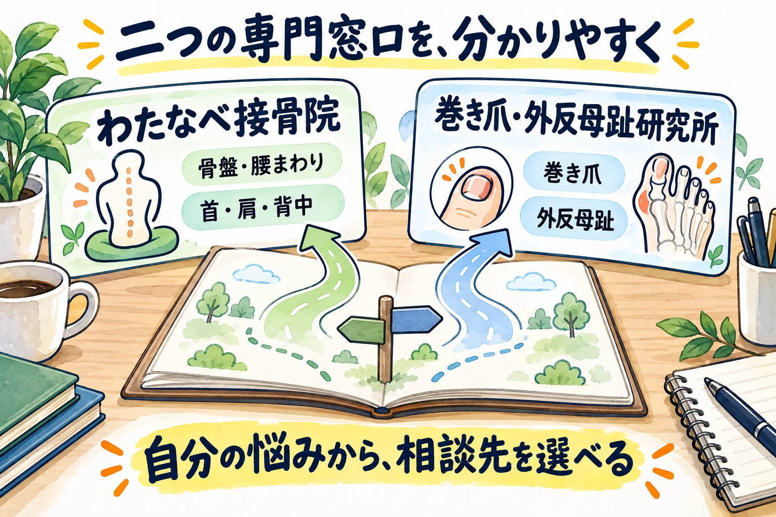 身体と足・爪の二つの相談窓口から、自分の悩みに合う案内を選ぶ図