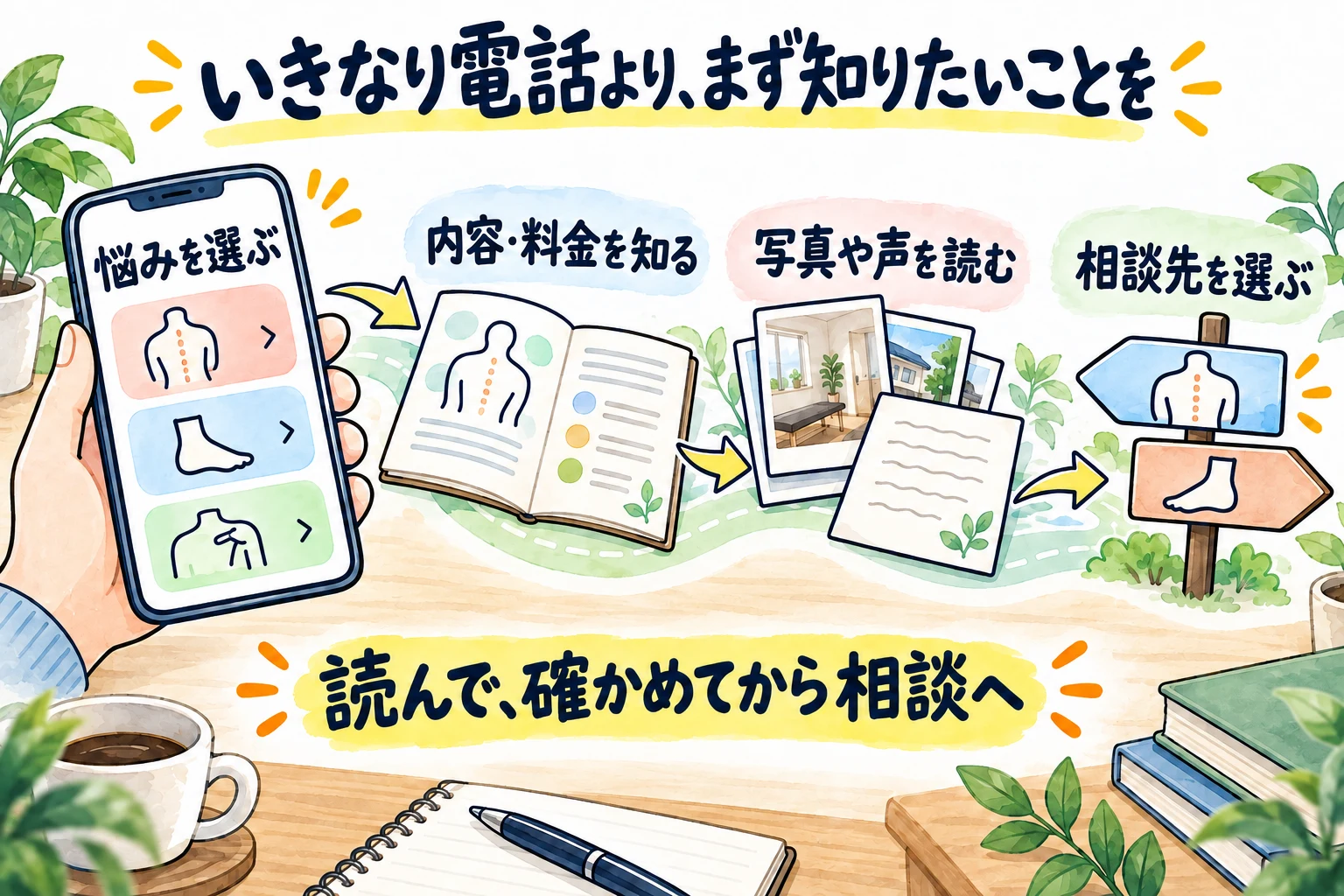 悩みを選び、内容・料金を知り、写真や声を読んでから相談先を選ぶ流れ