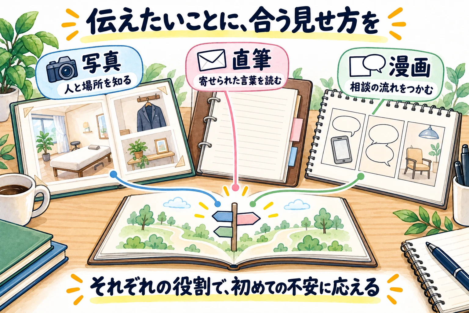 写真は人と場所、直筆は寄せられた言葉、漫画は相談の流れを伝える役割分担