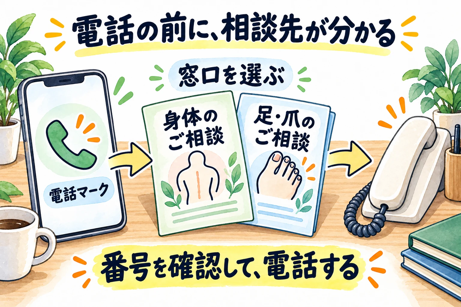 電話マークから身体または足・爪の窓口を選び、番号を確認して電話する流れ