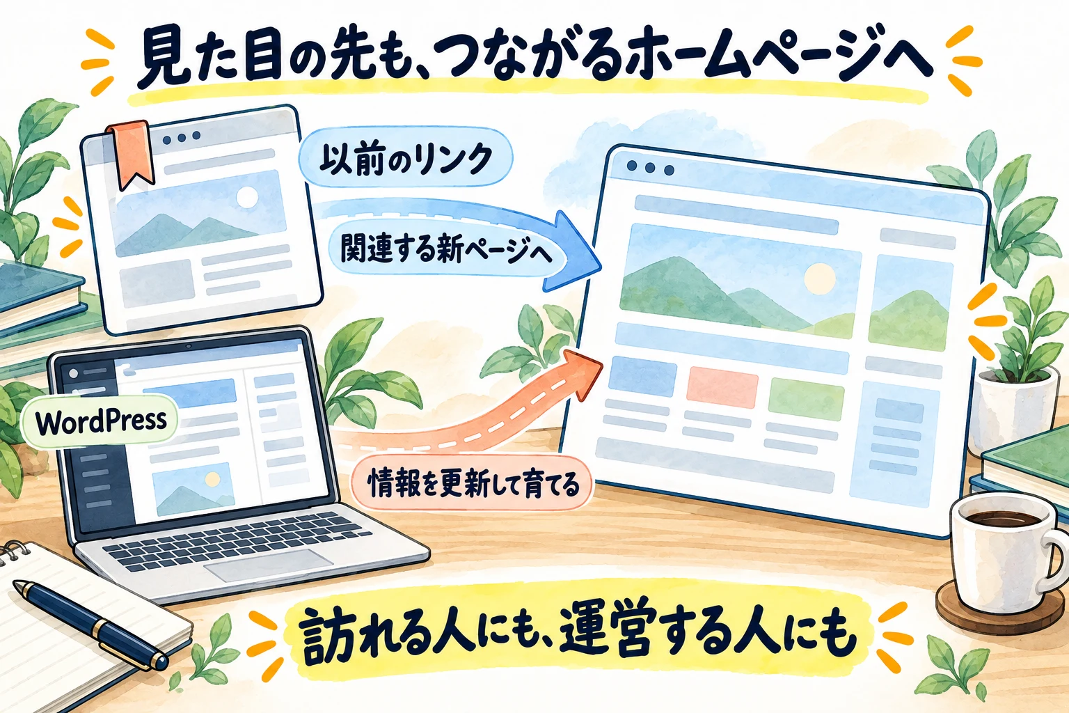 以前のリンクを関連する新ページへつなぎ、WordPressで情報を更新していく仕組み
