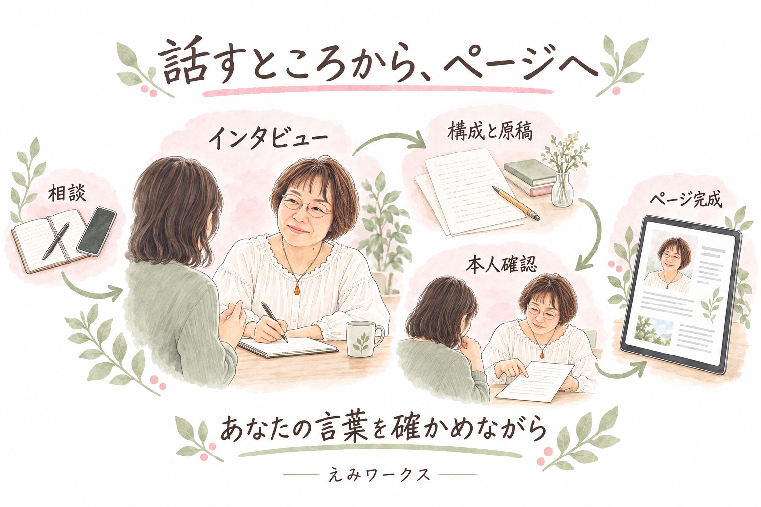 相談、インタビュー、構成と原稿、本人確認、ページ完成を順に説明する図解