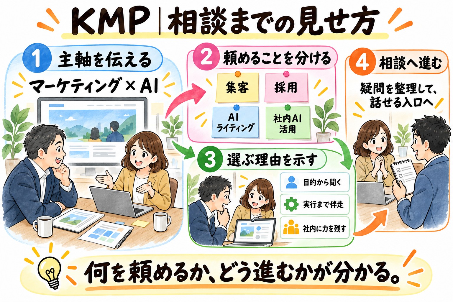 KMPの制作意図をまとめた図解。主軸を伝え、4つの相談領域と選ぶ理由を紹介し、相談の入口につなぐ。