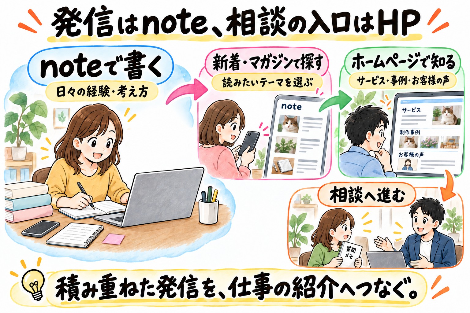 noteとホームページの役割分担を説明する図解。noteで書き、新着とマガジンから記事を探し、ホームページでサービス・事例・声を知って相談へ進む。